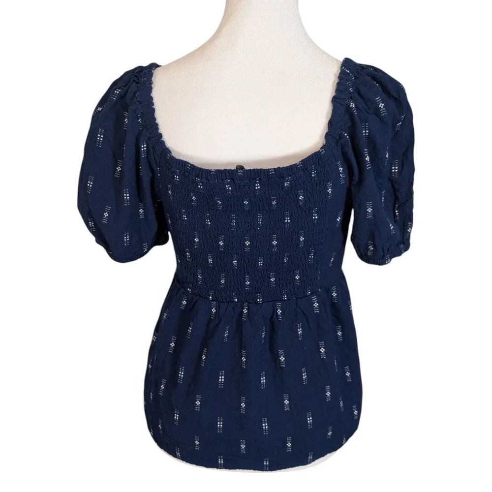 Madewell Navy Blue Dobby Dot Wrap Puff Sleeve Smocked Peplum Top XS 100% Cotton